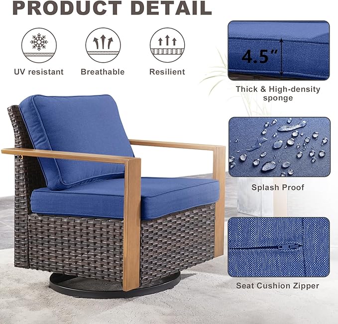 Outdoor Patio Swivel Rocker Chairs - 3 Piece Wicker Patio Furniture Bistro Set with 2 Swivel Rocking Chairs and 1 Metal Side Table,Thick Cushions,Deep Seating for Deck Porch Garden(Brown/Blue)