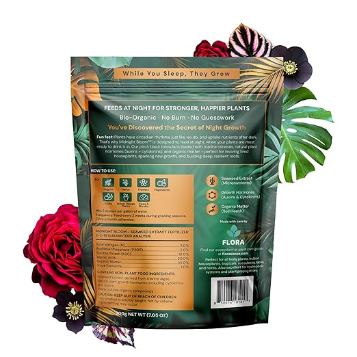 Flora Midnight Bloom Organic Seaweed Fertilizer Powder – 200g | Bio-Organic Plant Food for Indoor & Outdoor Plants | Fast Root Growth & Leaf Boost | Feeds at Night | 35+ Waterings