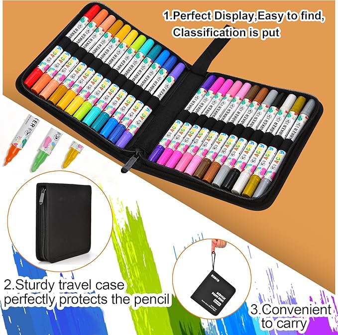 KEMYR 24 Colors Acrylic Paint Pens, Dual Tip Acrylic Paint Markers for Paper, Wood, Canvas, Stone, Rock Painting, Glass, Fabric, DIY, Ceramic, Art Supplies for Adults Drawing (Dot + Fine)