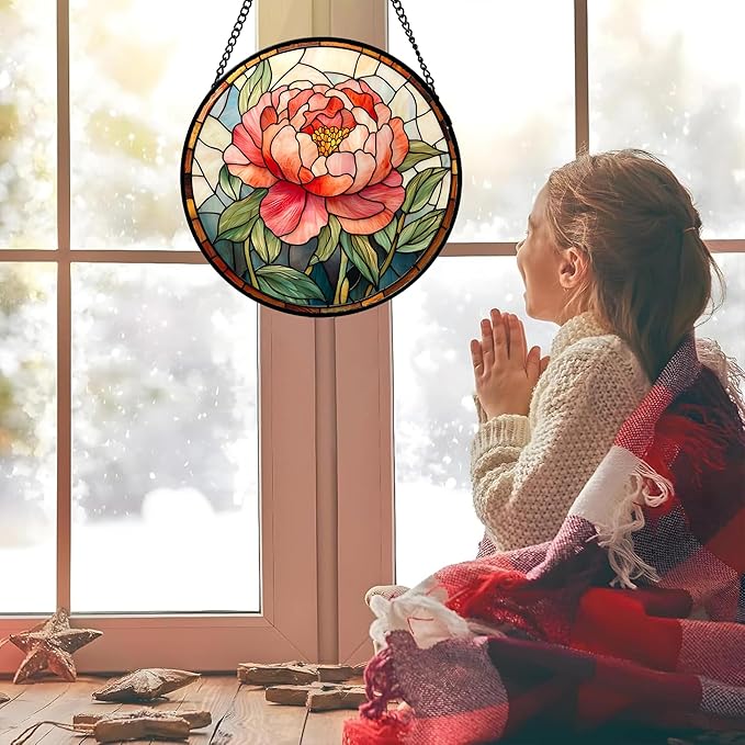 HWRHTR Stained Glass Window Hanging - Pink Peony Floral Suncatcher for Door Garden Yard Birth Flower Sun Catchers Decor Christmas Mother's Day Birthday Gifts for Women Mom Nana Wife Teacher 11.8 in