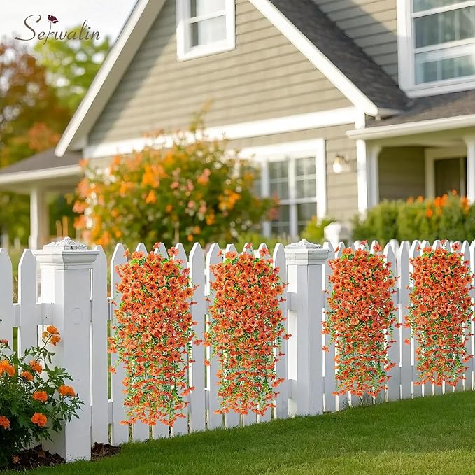 Serwalin 4PCS Artificial Fall Flowers for Outdoors Decoration, Realistic Silk Artificial Fall Hanging Flowers for Patio, Garden, Porch, Window, Outside (Orange,4PCS)