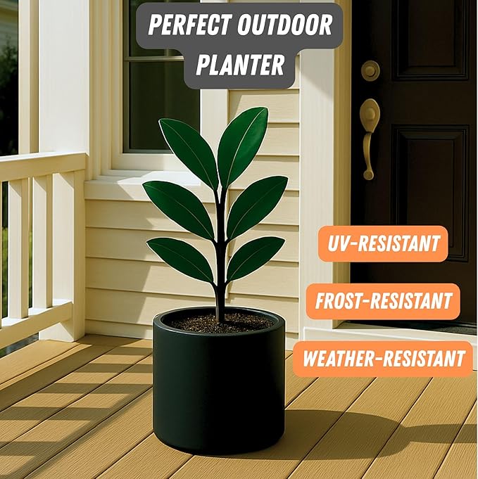 Fox & Fern 8 Inch Black Plant Pot with Drainage Plug — Premium Lightweight Fiberstone Matte Black Planter - 8 Inch Pots for Plants - for Indoor & Outdoor Use - Weather Resistant & UV Resistant