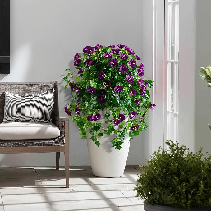 Morning Glory Artificial Hanging Flowers for Outdoors 3 Pcs Fake Petunias Flower Faux Silk Long Trailing Vines Realistic Flower for Front Door Porch Patio Balcony Garden Yard Decor (3 Pcs Dark Purple)