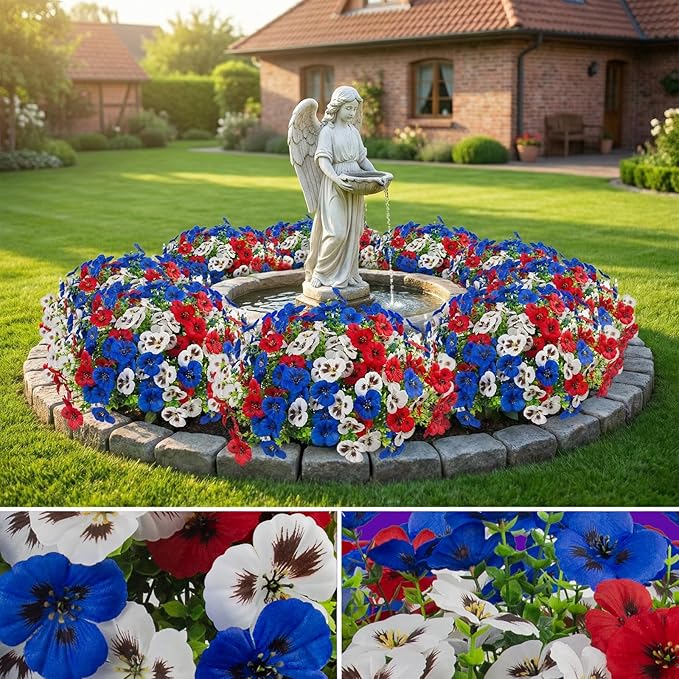Artificial Fake Pansy Flowers for Outdoor, Faux Silk Pansies Spring Flowers for Outside for Planter Front Door Porch Yard Patio Window Box Home Decor (18, Red, White, Blue)