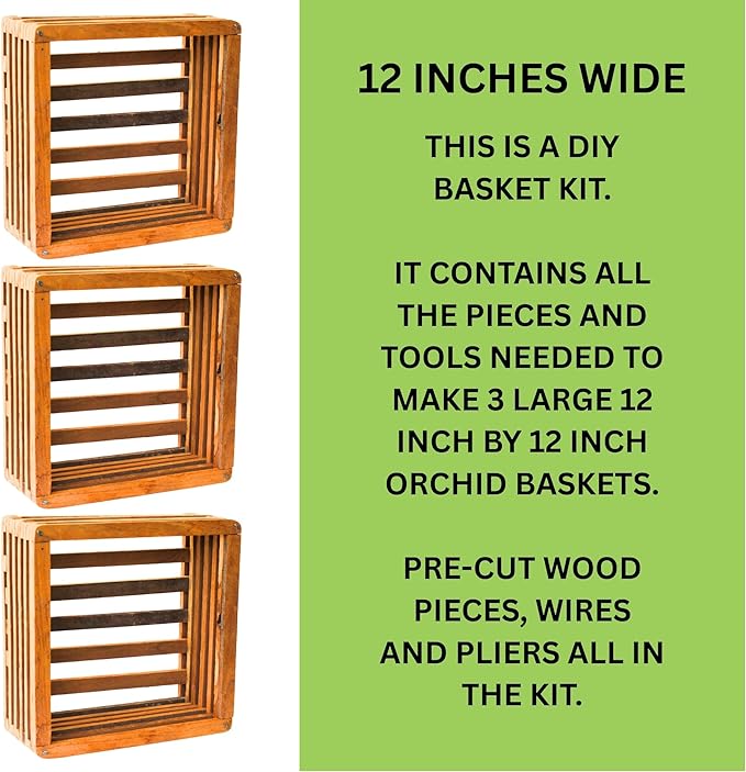 Orchid Basket Making Kit for 3 Strong 12 Inches Wide Hanging Orchid Baskets for Outdoors with Hangers, for Orchids, Staghorn Ferns, Handmade Rustic Wood Vanda Baskets, Staghorn Fern Mount