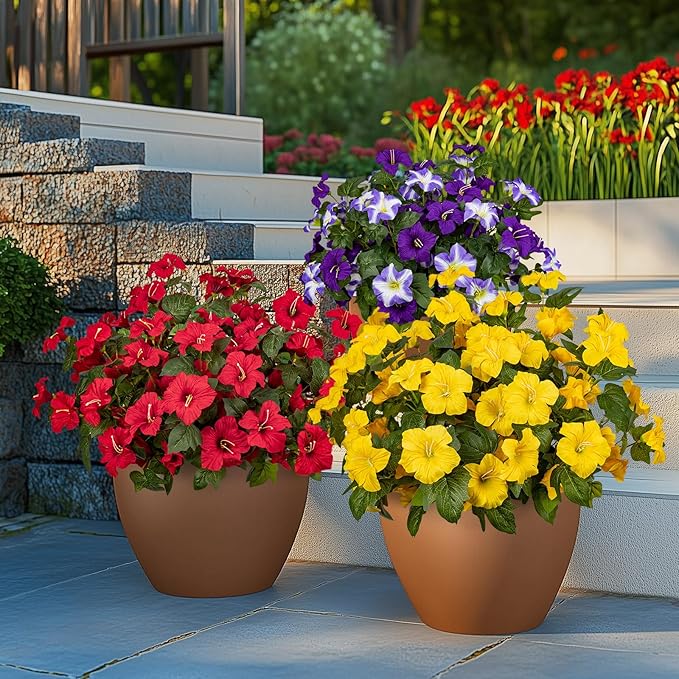 Brlita 19 Inch Artificial Fake Flowers for Outdoor,4 Pcs Faux Silk Petunias Spring Flowers for Outside for Indoor Porch Planter Front Door Garden Patio Window Box Home Decor(Yellow)