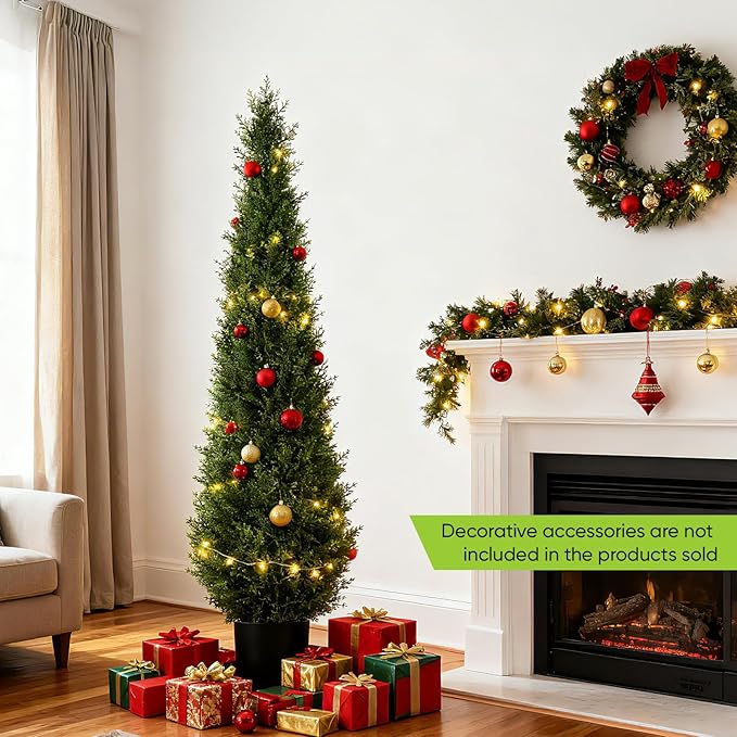 Artificial Trees for Outdoors, BUZIGUBY Artificial Cedar Topiary Trees, 5FT Topiary Trees Artificial Outdoors for Porch, Dense Arborvitae Tree for Front Door Patio Deck Balcony Yard Decor, 2 Pack