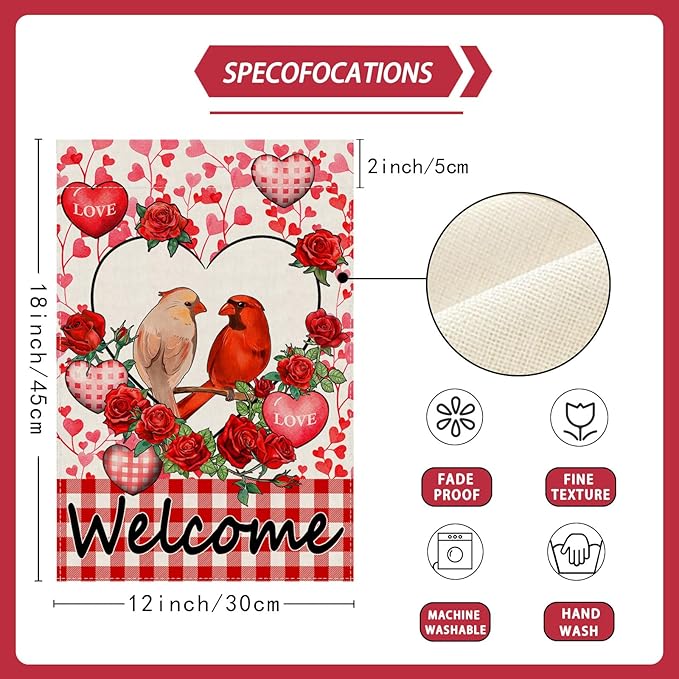 Welcome Valentine’s Day Cardinal Buffalo Love Heart Balloons Garden Flag Romantic Roses Yard Flag 12x18 Inch Double Sided Small Mini Yard Outdoor Outside Holiday Decoration