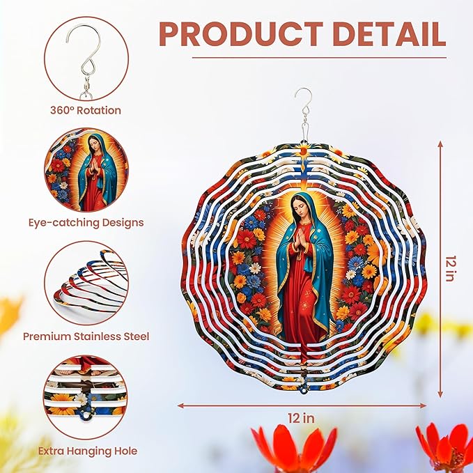FLAGWIX Christian Gifts for Women Faith - Virgen de Guadalupe 3D Stainless Steel Metal Wind Spinners 12 in - Our Lady of Guadalupe Wind Spinner Outdoor, Religious Gifts for Mom Grandma