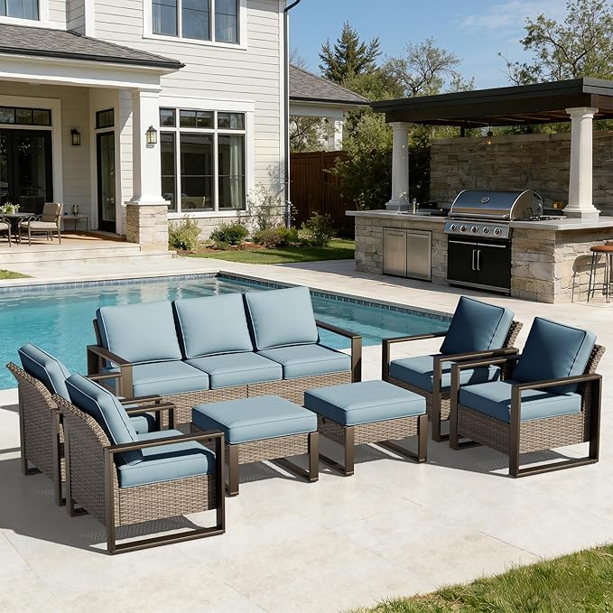 Joyside Outdoor Patio Chairs, 7 Pieces Wicker Rattan Furniture Set, 4 Patio Chairs, 1 Sofa and 2 Ottoman, Metal Wide Armrest, Thick Cushions and Deep Seating for Garden, Backyard, Porch, Deck