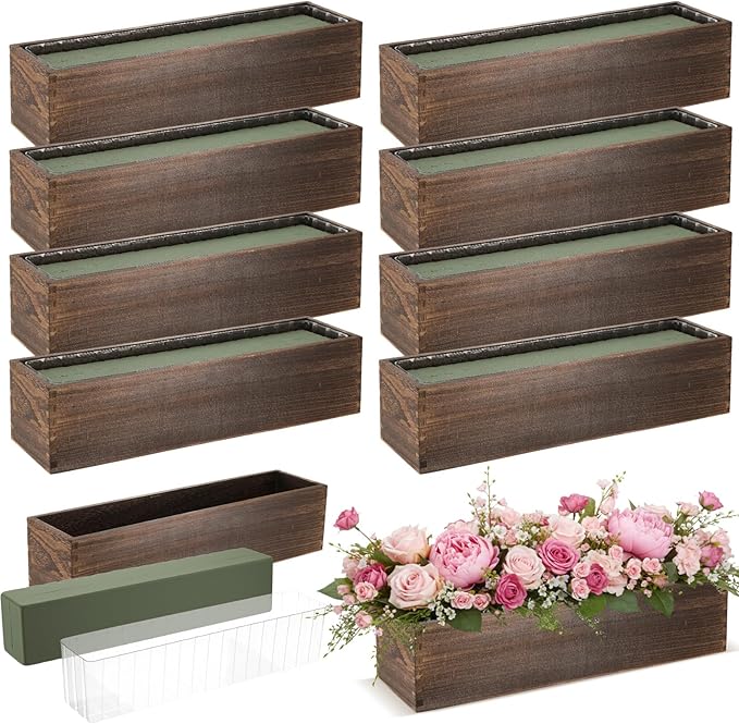 Sintuff 8 Set Rectangle Wooden Planters, 17 x 4 Inch Wood Boxes with Removable Plastic Liner & Floral Foam Blocks, Rustic Wood Planter for DIY Centerpieces Home Wedding Garden Bookshelf Decor(Brown)