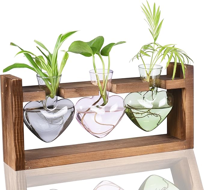Kingbuy 3-Heart Plant Terrarium Kit - Stained Glass Vase Propagation Station with Vintage Wood Stand - Wall-Mounted & Tabletop Indoor Garden Decor for Home Kitchen Wedding (Grey, Green, Pink)