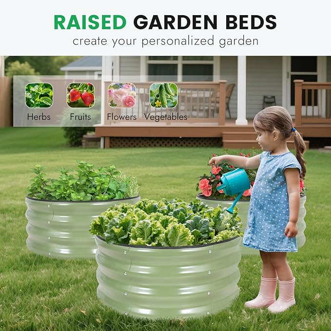 INNO STAG Round Galvanized Raised Garden Bed — 2×2×1ft Planter Box Outdoor Raised Beds Kit for Gardening Vegetables, Fruits, Herbs, and Flowers, Olive Green
