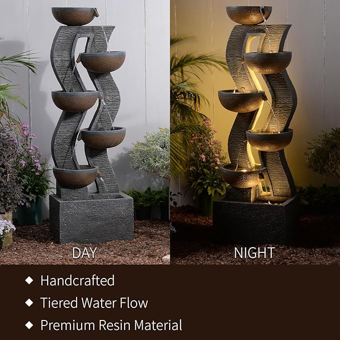 52.8" Tall Outdoor Water Fountain and Waterfall with LED Lights, Cascading Bowl Garden Waterfall Fountain for Patio, Garden, or Porch Decor – Large Freestanding Resin Water Feature for Backyard