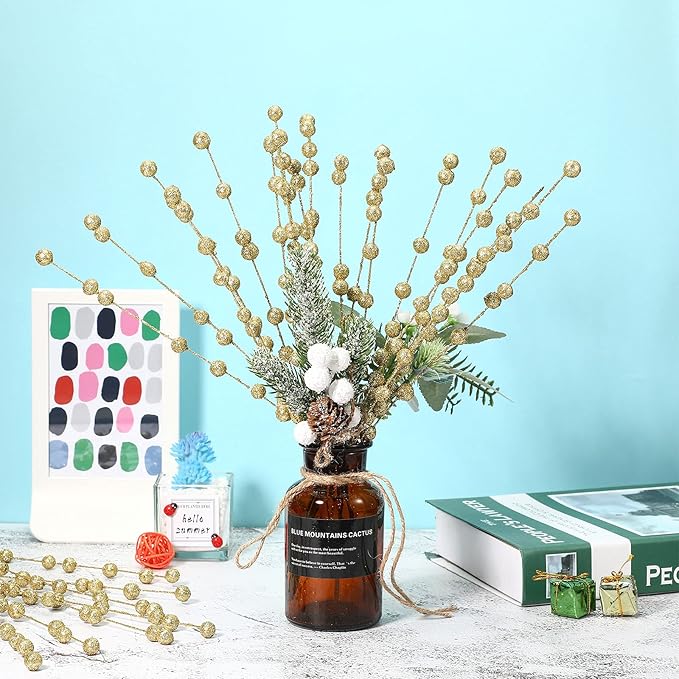 Syhood 200 Pcs Glitter Berry Stems, 13.8 Inches Christmas Berry Picks Holly Branches for Christmas Tree Decorations, Holiday Ornaments Home Decor and DIY Crafts(Gold)