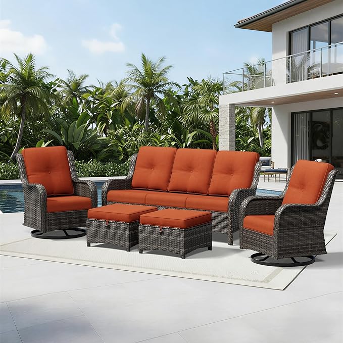 Joyside 5 Piece Wicker Patio Furniture Set, Outdoor Swivel Rocker Patio Chairs with High Back, Deep Seating, Wide Armrest, Thickened Cushions, Outdoor Furniture for Deck, Porch Use