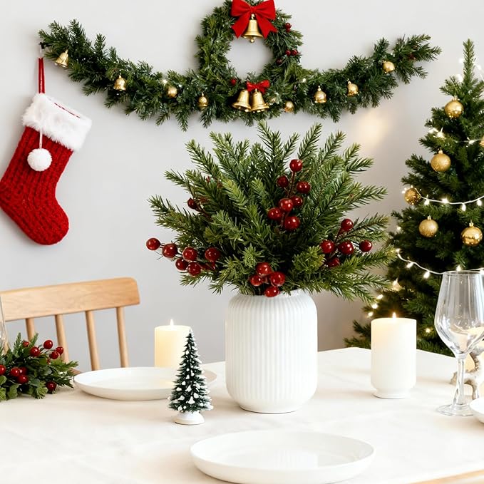 50 Pcs Christmas Artificial Pine Branches with Red Berry Stems - 10.5" Faux Greenery Norfolk Pine Fake Cedar Pine Needles Picks for Wreaths Craft DIY Garlands Home Decor