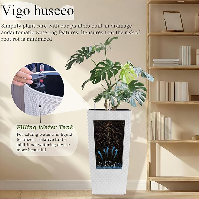 Vigo huseeo 30in Tall Planter, Self Watering Pots for Indoor/Outdoor Plants with Drain Holes, Water Level Monitor, Inner Bucket for Front Porch Patio, White Large(1 Set)