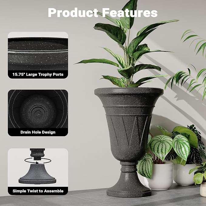 seethmi 23" Tall Planters for Outdoor Plants Set of 2, Planter with Drainage Holes and Trophy Design, Large Outdoor Planters for Porch, Garden, Black