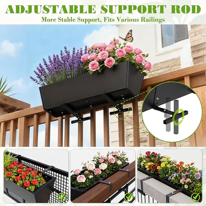 Railing Planter Box Metal Hanging Planter for Outdoor Balcony Heavy-Duty Window Planter Box with Adjustable Brackets