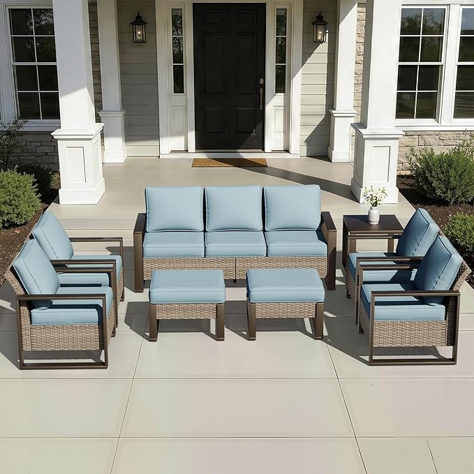 Joyside Outdoor Patio Chairs, 8 Pieces Wicker Rattan Furniture Set, 4 Patio Chairs, 1 Sofa, 2 Ottoman and 1 Table, Metal Wide Armrest, Thick Cushions and Deep Seating for Garden, Backyard, Porch