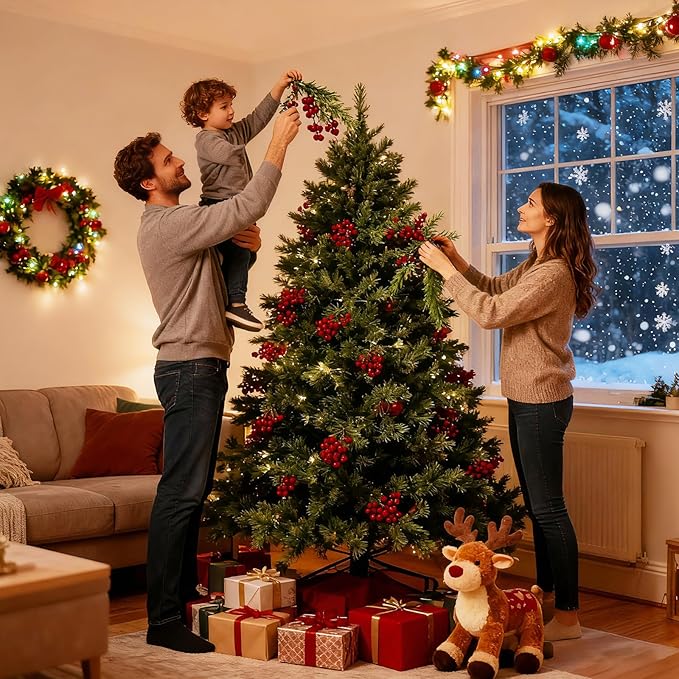 MEMOVAN 45PCS Christmas Norfolk Pine Branches with Red Berry Stems Artificial Christmas Green Pine Stem Faux Cedar Pine Needles with Holly Berries Greenery Pines Picks Sprays for Vase Xmas Tree Wreath