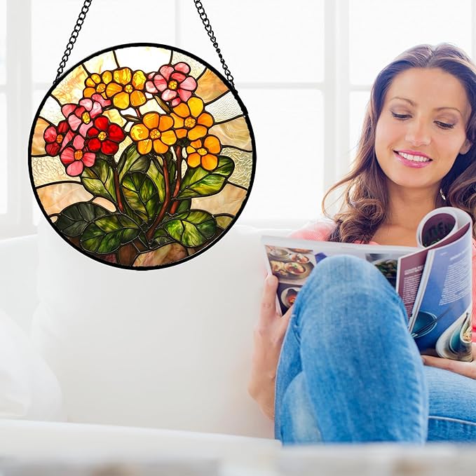 AMDERVEN Stained Glass Window Hanging, Yellow Red Flowers Sun Catcher for Window Door Home Decor Green Plant Suncatcher Christmas Mother's Day Birthday Gifts for Women Men Mom and Nana 15 in