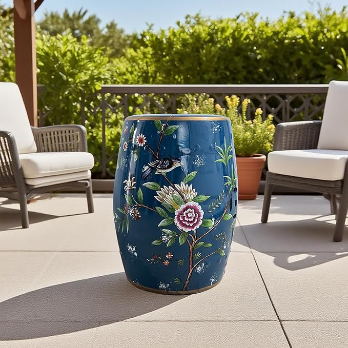 Ceramic Garden Stool, Hand-Painted Decorative Drum Accent Table for Indoor & Outdoor Use, Glazed Blue & White Chinoiserie Plant Stand, Side Table for Patio, Living Room, Bedroom, Balcony