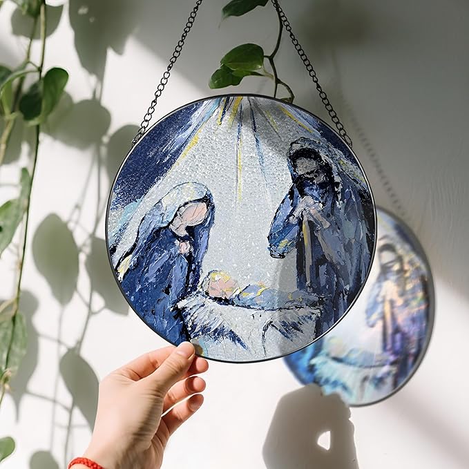 8'' Stained Glass Nativity Scene Ornament, Stained Glass Window Hanging, Religious Holiday Ornament, Holy Family Decoration, Gift for Christmas, Religious Gifts, Christian Gifts
