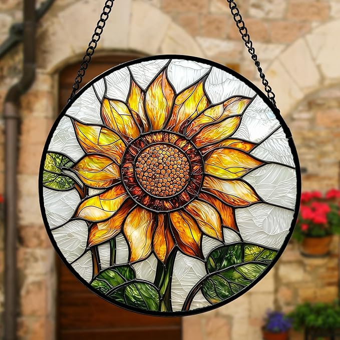 DASTOLL Stained Glass Window Hanging - Sunflower Flower Suncatcher Ready to Hang Window Doors Home Decoration and Christmas, Mother's Day Birthday Gifts for Women, Men, and Mom 6.3x6.3 in