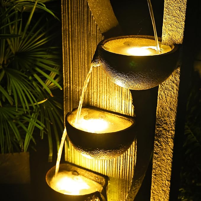 Garden Water Fountains Outdoor 5 Tiered Cascading Bowl Modern Waterfall Fountain with LED Lights, Natural Stones for Garden, Living Room, Patio, Yard Art Decor, 16.3" L * 10.8" W * 49.2" H