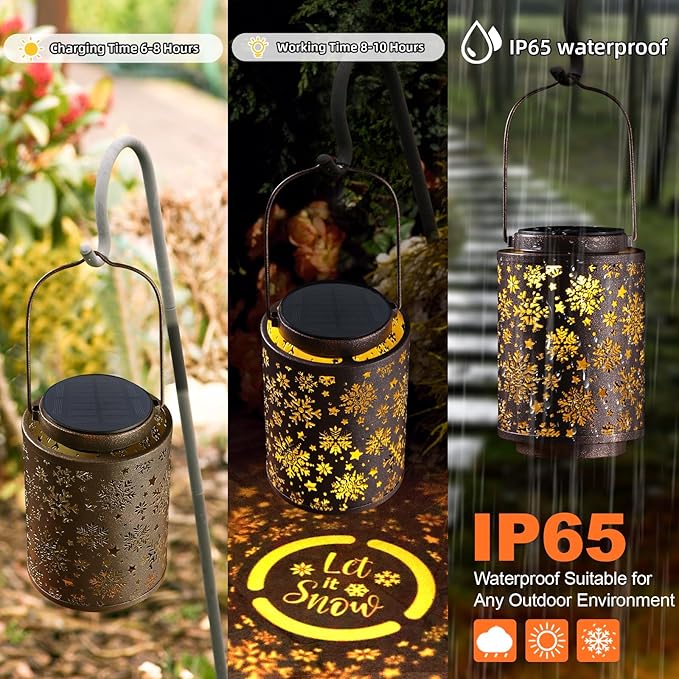 Snowflake Solar Lanterns Outdoor Waterproof, Hanging Metal Copper Lights for Garden, Patio, Porch, Yard, Romantic Valentine’s Gift for Her, Thoughtful Winter Gifts for Mom & Women