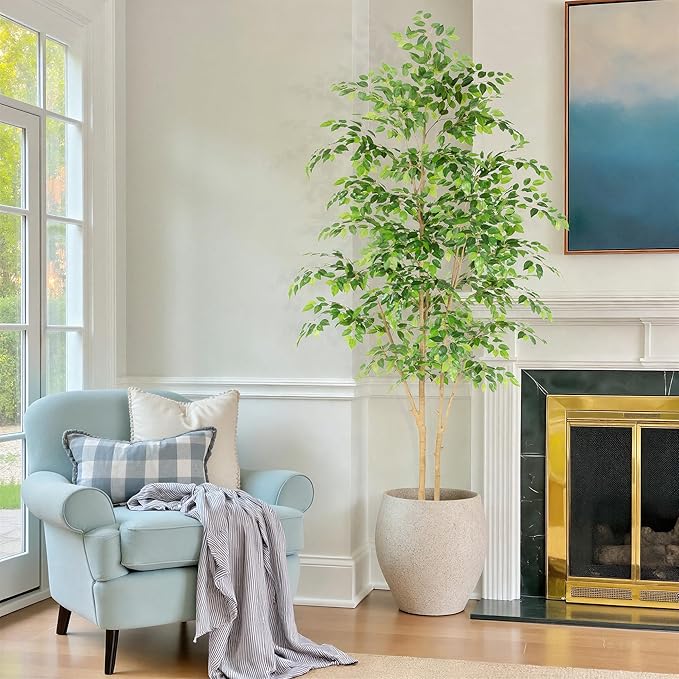Tall UV Resistant Ficus Tree Artificial，8ft(96in) Realistic Texture Potted Faux Ficus Tree， Fake Trees Indoor Outdoor for Home Office Living Room Bedroom Foyer Porch Decor.