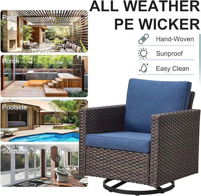 Belord 7 Piece Outdoor Furniture Patio Wicker Sofa Set, Oversize Outdoor Swivel Rocker Chairs with Rattan Ottomans, Conversation Sets Patio Furniture Come with Removable Washable Cushion Blue, Brown