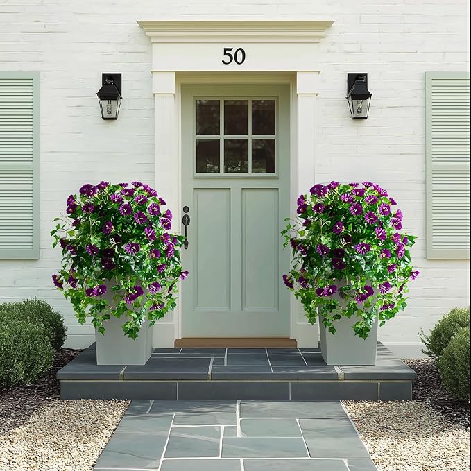 Morning Glory Artificial Hanging Flowers for Outdoors 3 Pcs Fake Petunias Flower Faux Silk Long Trailing Vines Realistic Flower for Front Door Porch Patio Balcony Garden Yard Decor (3 Pcs Dark Purple)