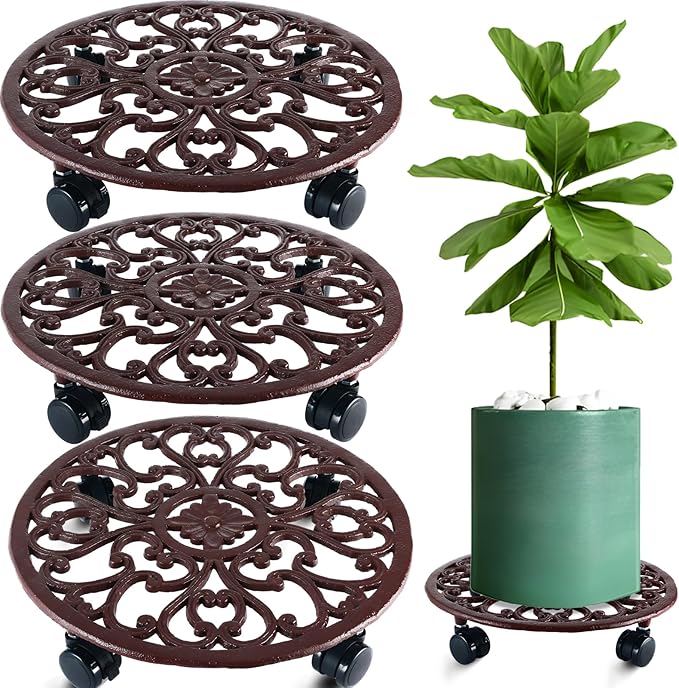 3 Packs 14 Inch Rolling Plant Stand with Wheels Metal Plant Caddy with Wheels Heavy Duty Round Plant Stand Indoor Iron Plants Rollers for Plants, Plant Dolly Brown