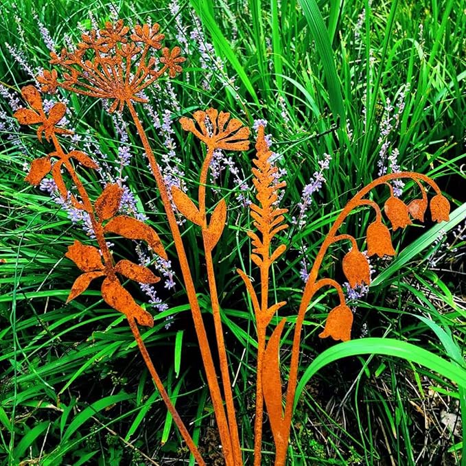 GUOXIAOER 5Pcs Garden Decor Metal Flowers for Outside,Decorative Garden Stakes,Flower Bed Decor Plant Stakes,Metal Art for Outside,Yard Art Outdoor for Lawn Yard, Walkway and Flower Garden