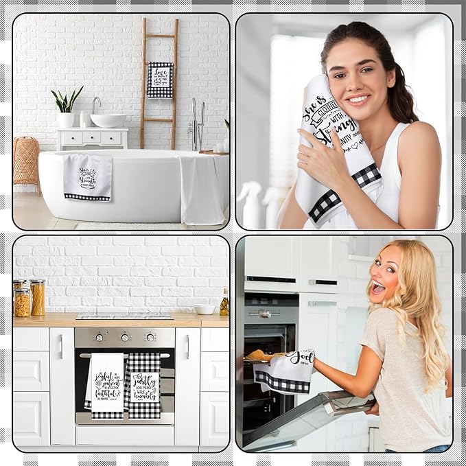 Hahafelt 8 Pc Religious Christian Kitchen Dish Towel Black and White Check Cleaning Dishcloth Towels Bathroom Home for Christian Gift for Men Women Housewarming