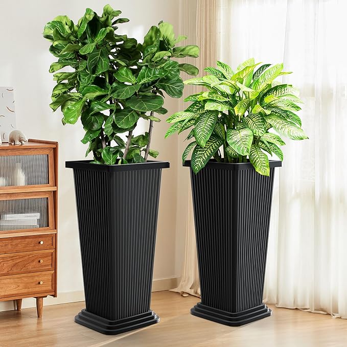 TUYOHW Set of 4 24" Tall Plastic Planters with Trays, Large Tapered Plant Pots for Indoor Outdoor Use, Modern Decorative Planters for Porch, Patio, Garden, and Backyard