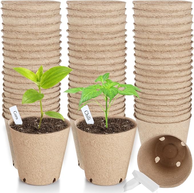 ModaSin 65 Pcs Organic Peat Pots, 3.15 Inch Nursery Pot, Round Plant Seedling Pots with Drainage Holes, Small Seed Starting Starter Tray Bulk, Garden Germination Container with 65 Planting Labels