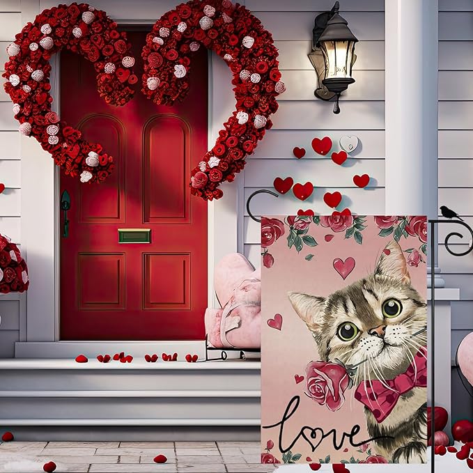 Valentine’s Day Romantic Roses Love Hearts Cat Garden Flag Yard Flag 12x18 Inch Double Sided Small Mini Yard Outdoor Outside Holiday Decoration