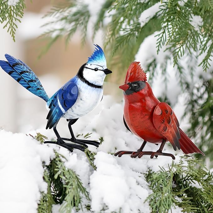 Shorayn Cardinal Decor Garden Statues Metal Bird Yard Art Sculptures,Standing Blue Jay Figurine Outdoor Decoration for Lawn Ornament,Christmas Housewarming Birthday Gifts for Women