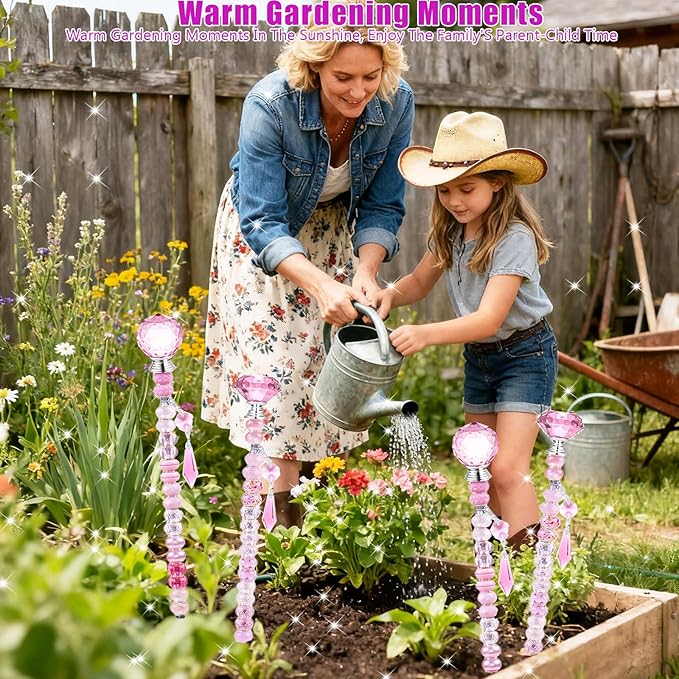 121 Pcs DIY Fairy Wand Beaded Garden Stakes Kit, Fairy Wands Garden Kit Pink Large Hole Bead with Sparkling Pendants Crystal Stopper Top Threaded Rod Beaded Garden Stakes Supplies Outdoor Decorative