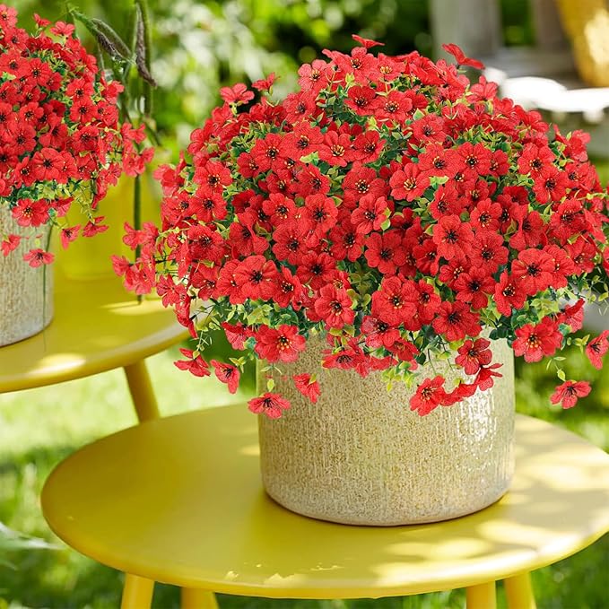 ATTGREAT Artificial Flowers Outdoor Faux Plants UV Resistant Fake Patio Flowers Plastic Greenery Plnats Outside Bulk for Spring Garden Hanging Planter Home Vase Decor, 12 Bundles (Red)