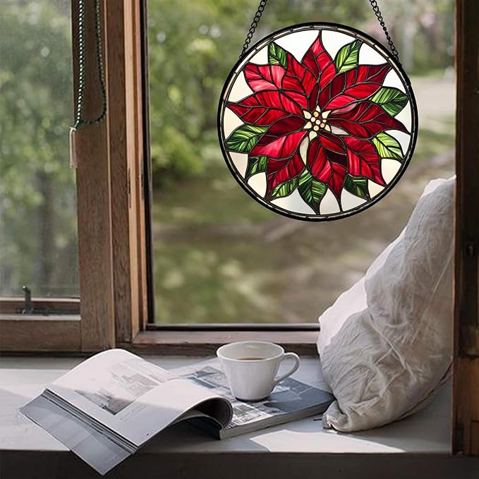Stained Glass Window Hanging - Red Poinsettia Birth Flower Suncatcher for Door Garden Yard Sun Catchers Decor Christmas Mother's Day Birthday Gifts for Women Mom Nana Friend Men 11.8 in