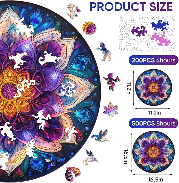 Delobil Puzzles for Adults 500 Pieces, 5MM Thick Colorful Mandala Flower Wooden Puzzles, Geometric Art Blue Round Jigsaw Puzzles for Adults and Kids, Family Game Gift Puzzle 16.5 * 16.5Inch