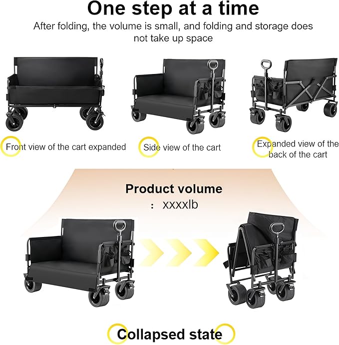 Wagon Foldable Cart Convert to Bench, Collapsible Heavy Duty Cart with Wheels, All Terrain Camping, Utility Grocery Wagon for Beach, Shopping, Garden, Sports and Fishing (LY008-BLACK)