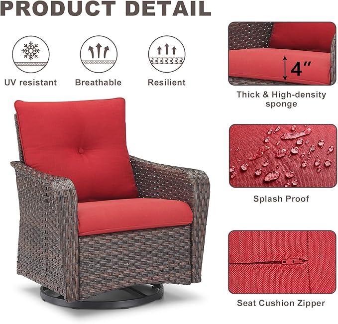 Rilyson Outdoor Patio Swivel Rocker Chairs - 2 PC Wicker Rattan Patio Rocker Glider Chair Set with High Back,Comfy Cushions and Deep Seating for Porch Deck Backyard Garden(Brown/Red)