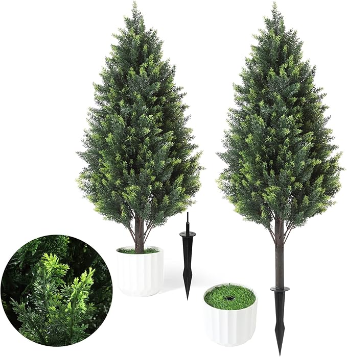 Gladeup 3FT Artificial Cedar Topiary Trees Set of 2 Detachable Planter & Spike,UV Resistant Faux Plants Outdoor and Indoor,Realistic Fake Bushes Pine Tree for Front Porch Decor(Cedar Green)