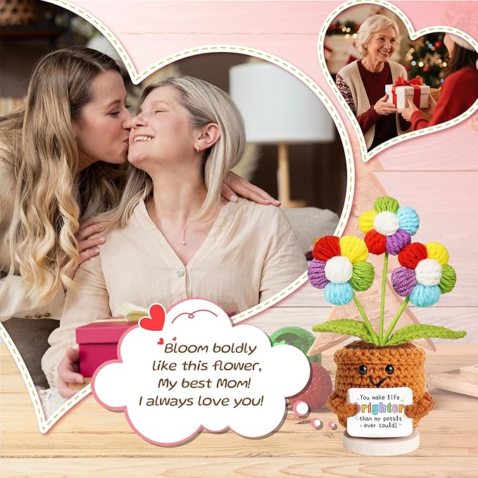 penzoos Emotional Vessels – Rainbow Crochet Flower “You Make Life Brighter”, Handmade Thinking of You Gift for Women, Get Well or Encouragement Present, with Hidden Card “for You with Love”